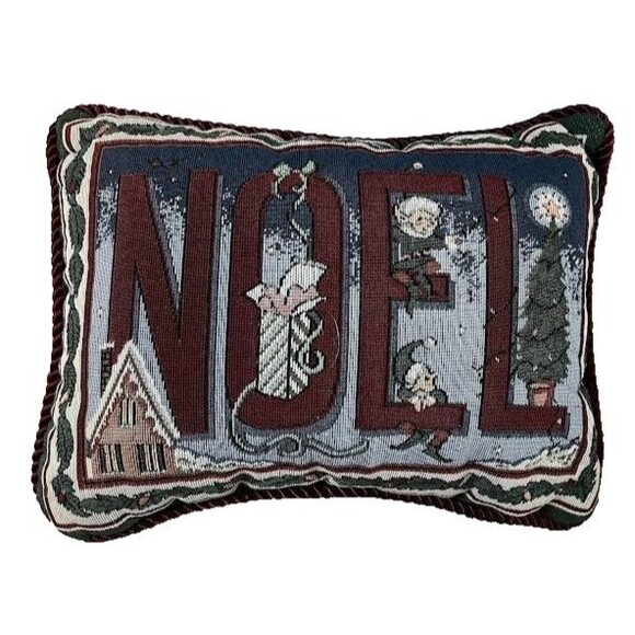 2 Vtg Newport Throw Pillows Green Burgundy Tapestry Christmas NOEL Elves - Picture 4 of 5